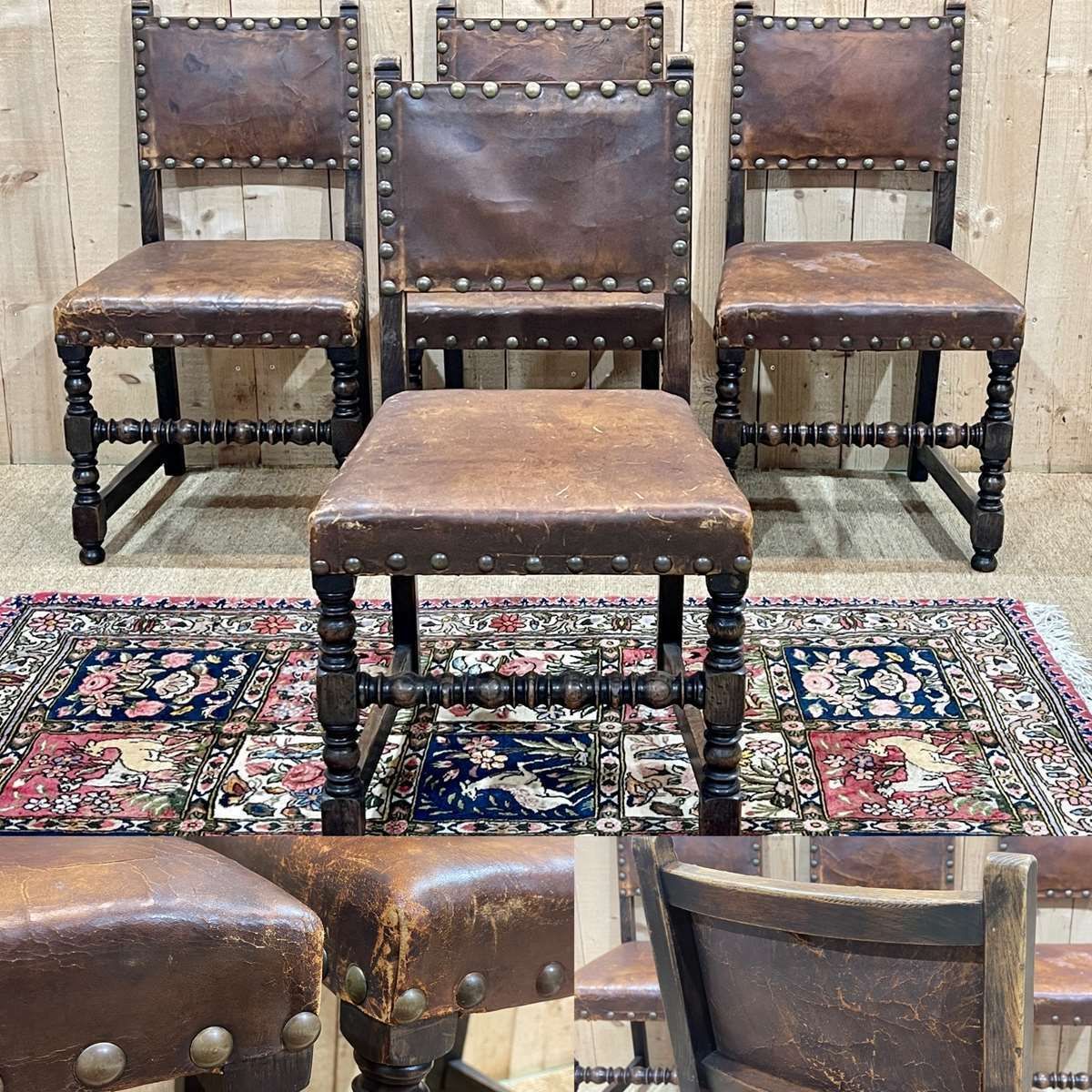 Set Of 4 Louis XIII Chairs In Oak And Leather, Early 20th Century