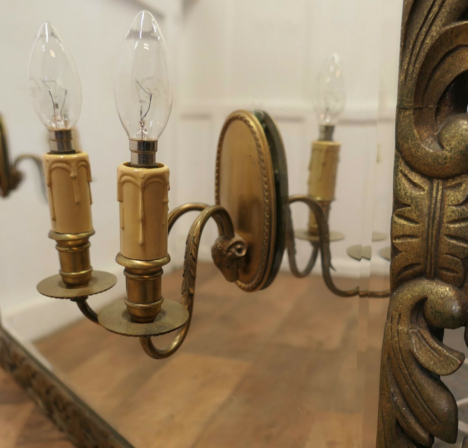 Large French Gothic Gilt Overmantel Mirror With Twin Sconces photo furniture