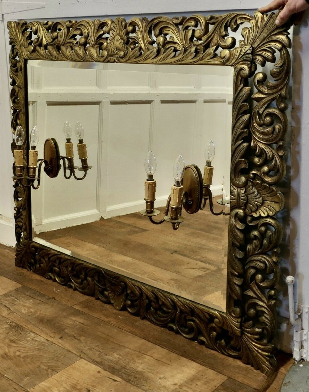 Large French Gothic Gilt Overmantel Mirror With Twin Sconces photo 3000.0