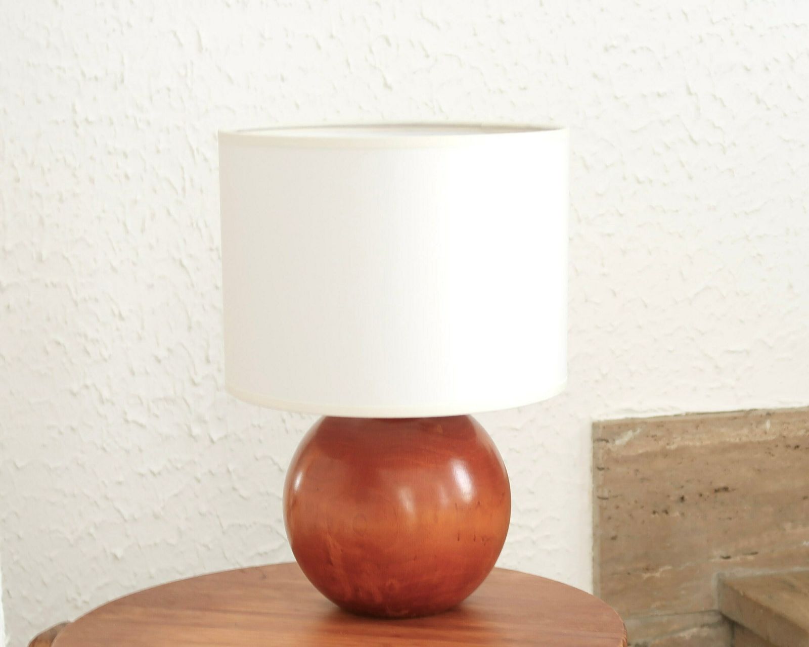 French Wooden Table Lamp, White Lampshade, 1970s / Sphere, End Table, Boho Chic, Folk
