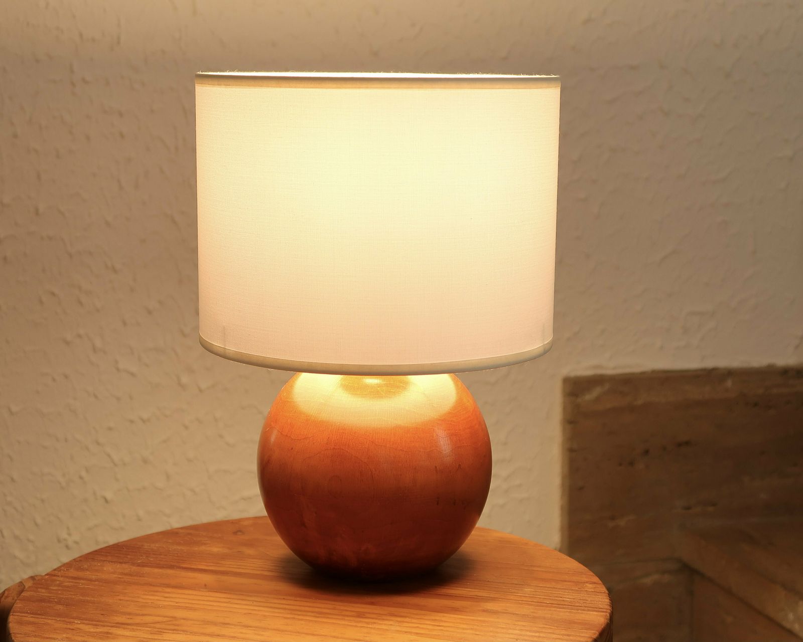 French Wooden Table Lamp, White Lampshade, 1970s / Sphere, End Table, Boho Chic, Folk photo furniture
