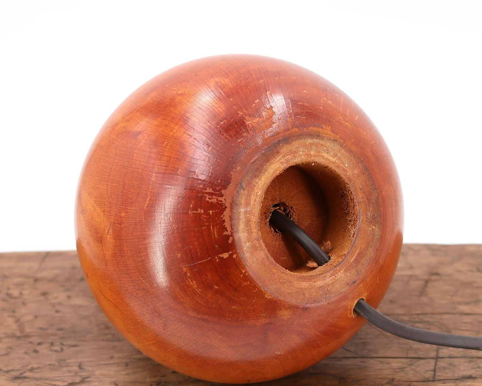 French Wooden Table Lamp, White Lampshade, 1970s / Sphere, End Table, Boho Chic, Folk photo 192.0