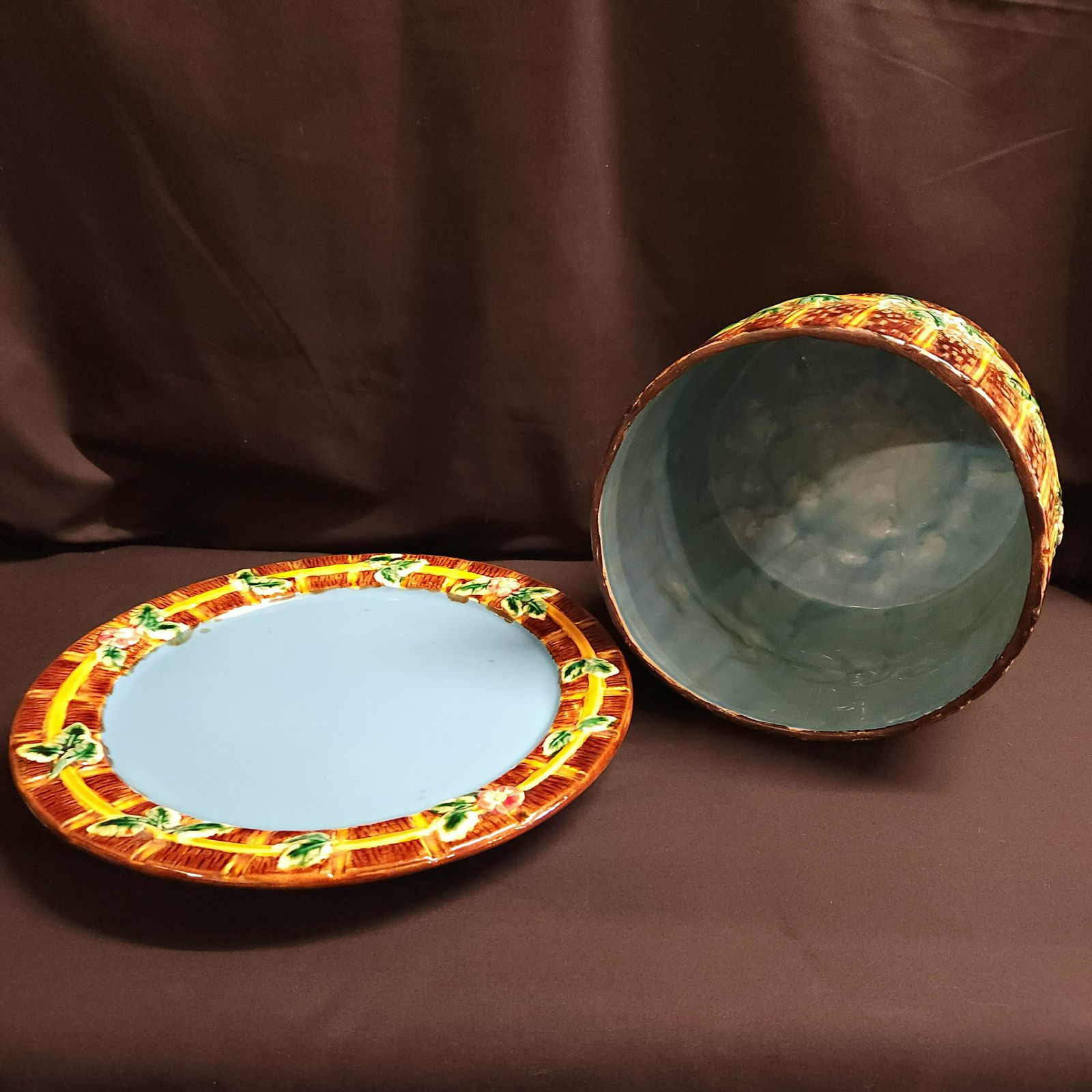 Majolica Cheese Keeper, Fence And Vine, In The Manner Of George Jones Circa Early 1900's photo 495.0