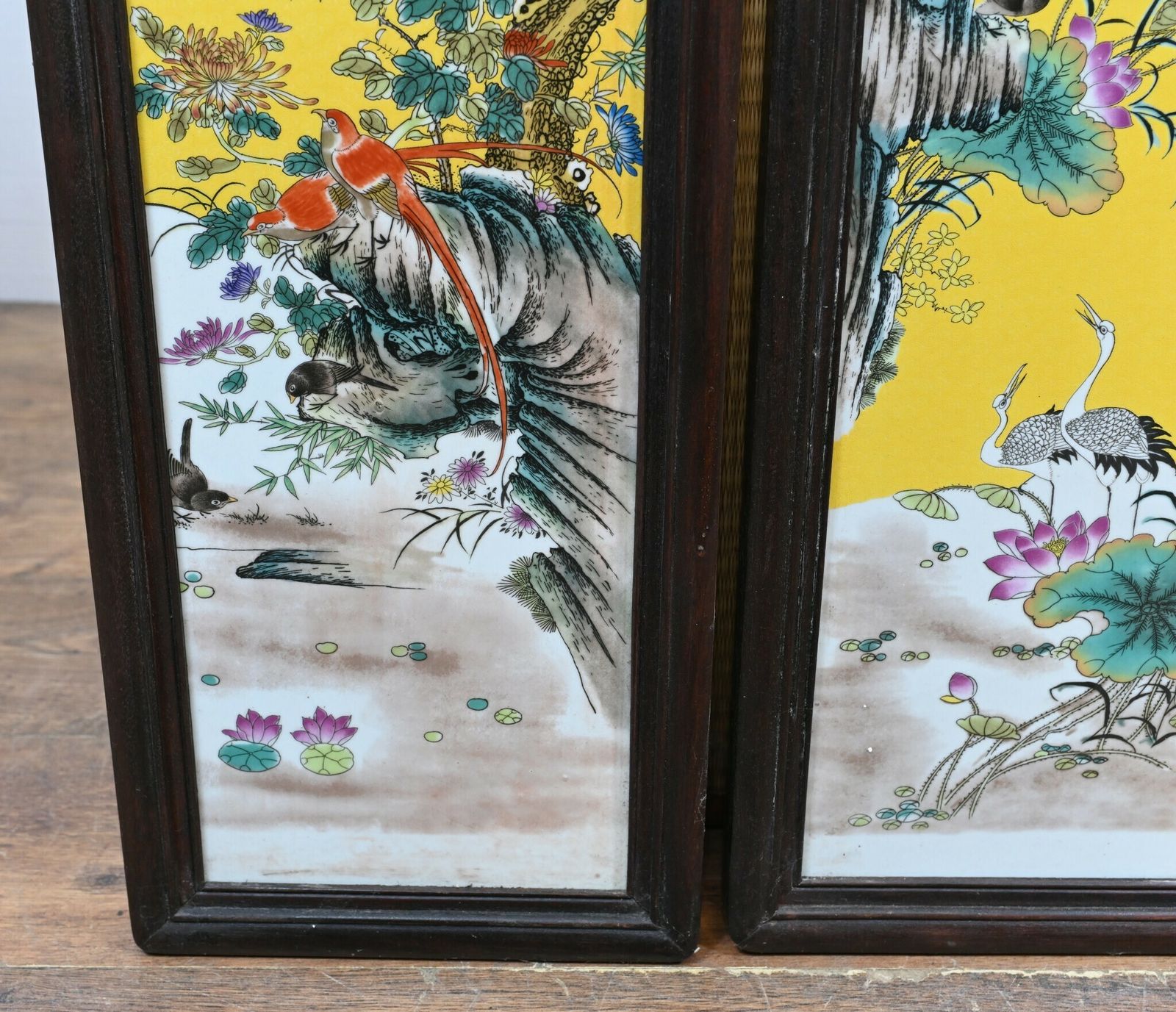 Set Chinese Porcelain Plaques Cranes Famille Jaune Potter photo for sale