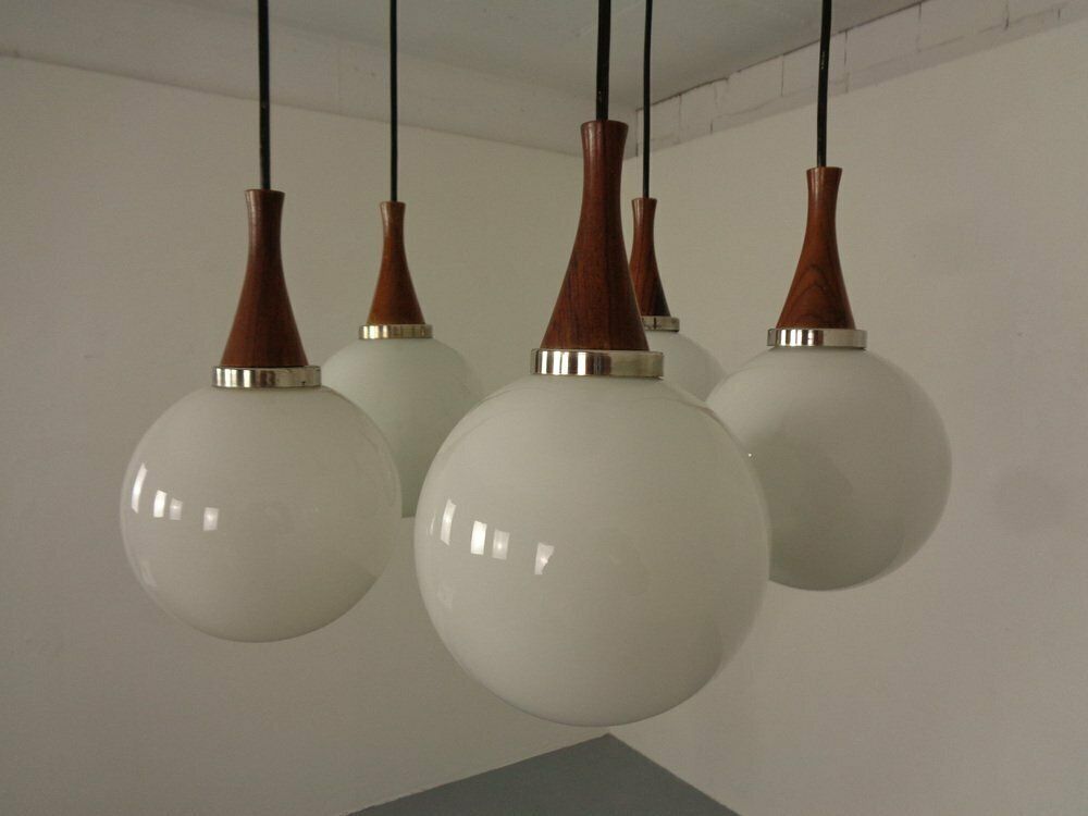Danish Glass And Rosewood Cascade Ceiling Lamp, 1960s photo vintage