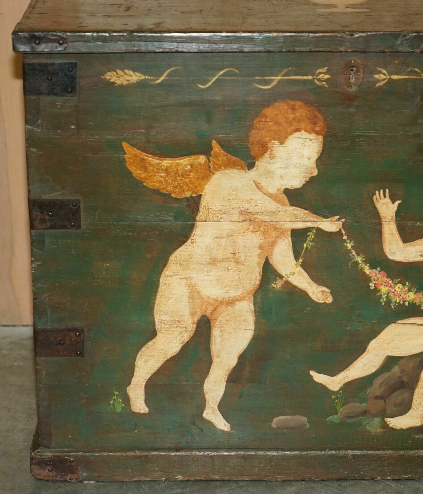 1860 Italian Original Paint Extra Large Storage Trunk Or Chest Cherub Paintings photo for sale