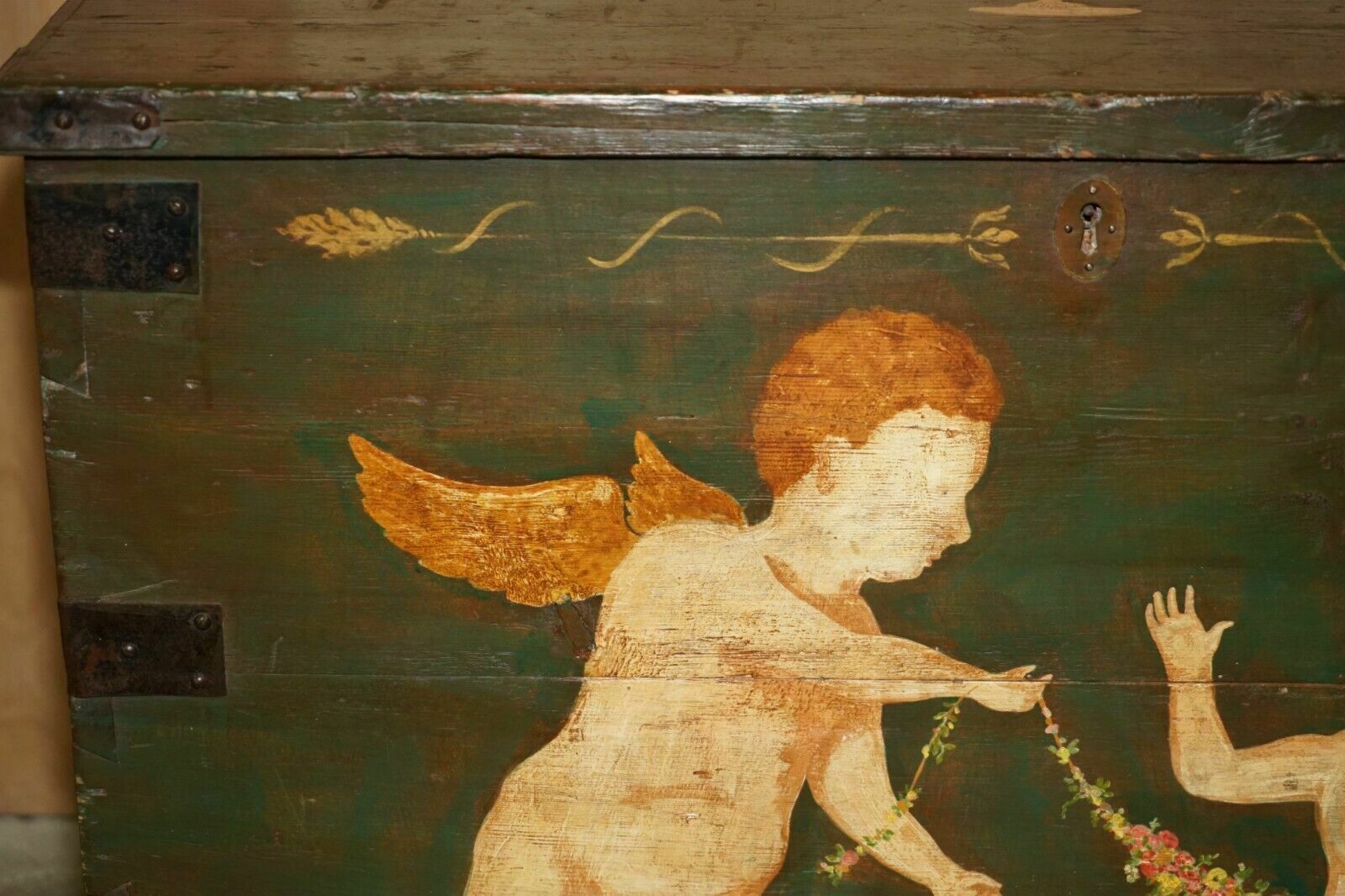 1860 Italian Original Paint Extra Large Storage Trunk Or Chest Cherub Paintings photo Furniture