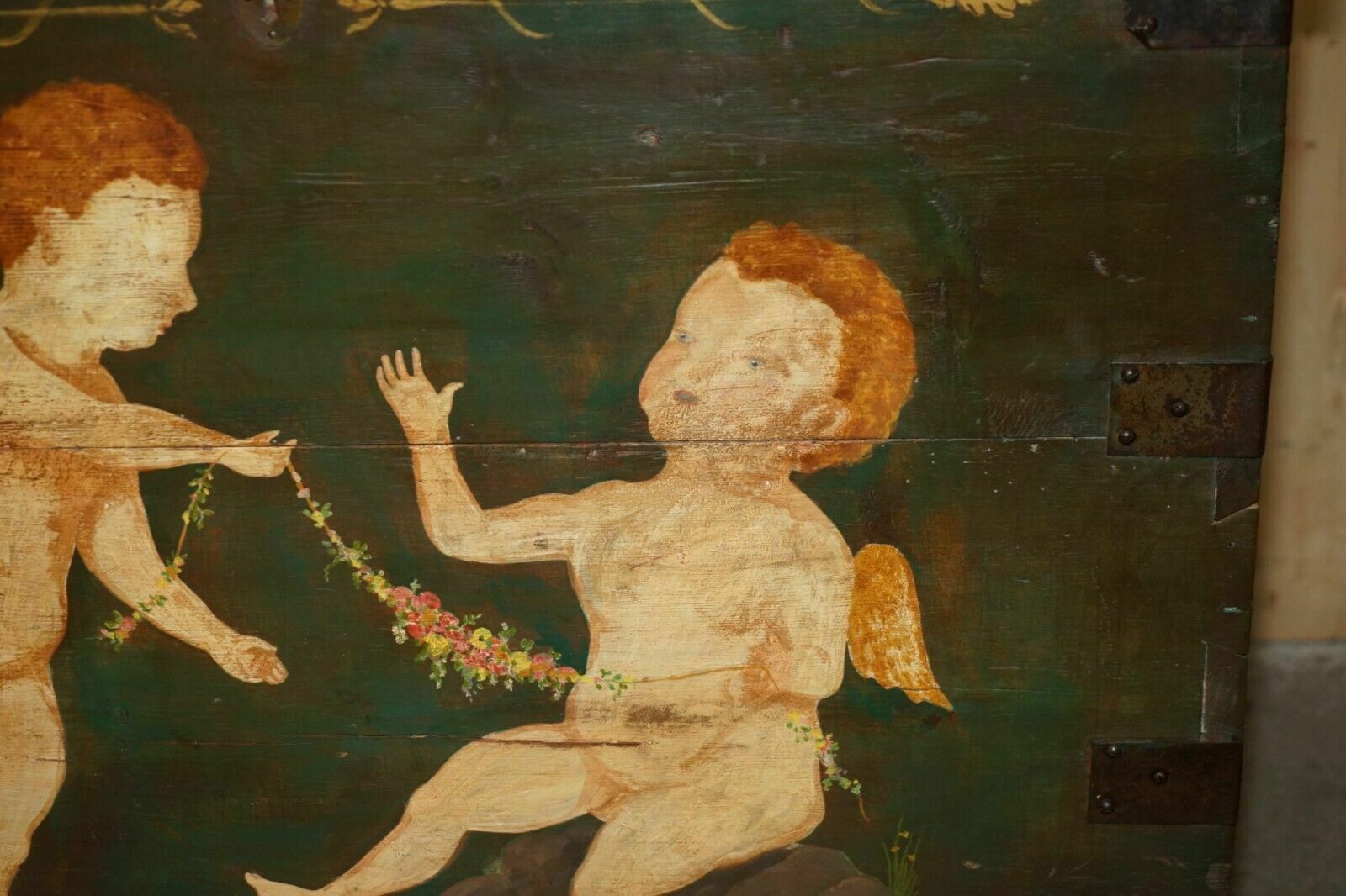 1860 Italian Original Paint Extra Large Storage Trunk Or Chest Cherub Paintings photo buy