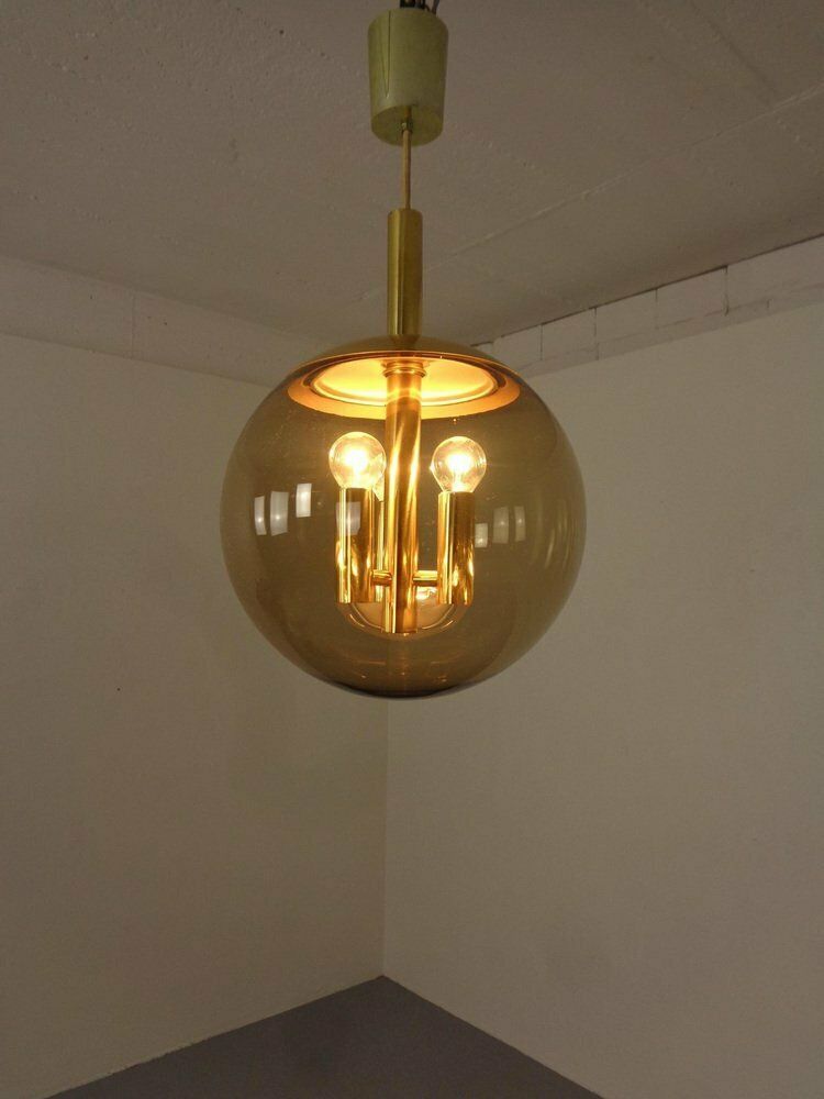 Large Smoked Glass & Brass Ceiling Lamp From Limburg, 1960s photo furniture