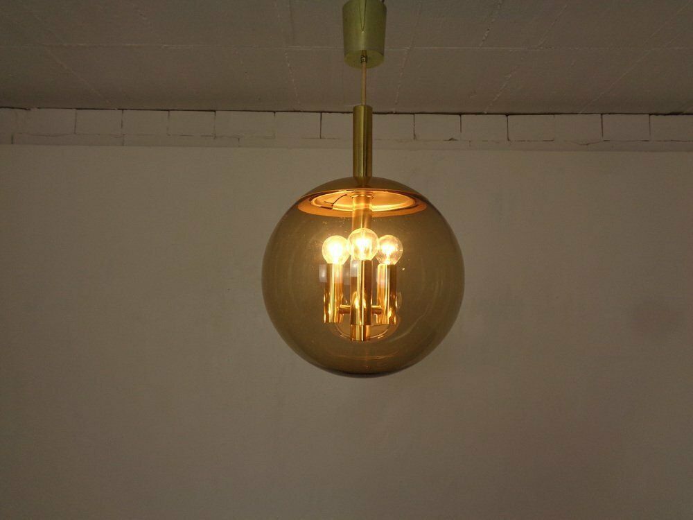 Large Smoked Glass & Brass Ceiling Lamp From Limburg, 1960s photo 983.0