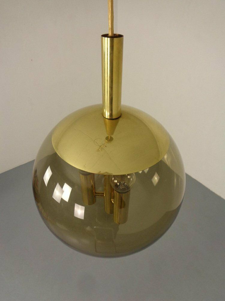 Lighting Large Smoked Glass & Brass Ceiling Lamp From Limburg, 1960s photo