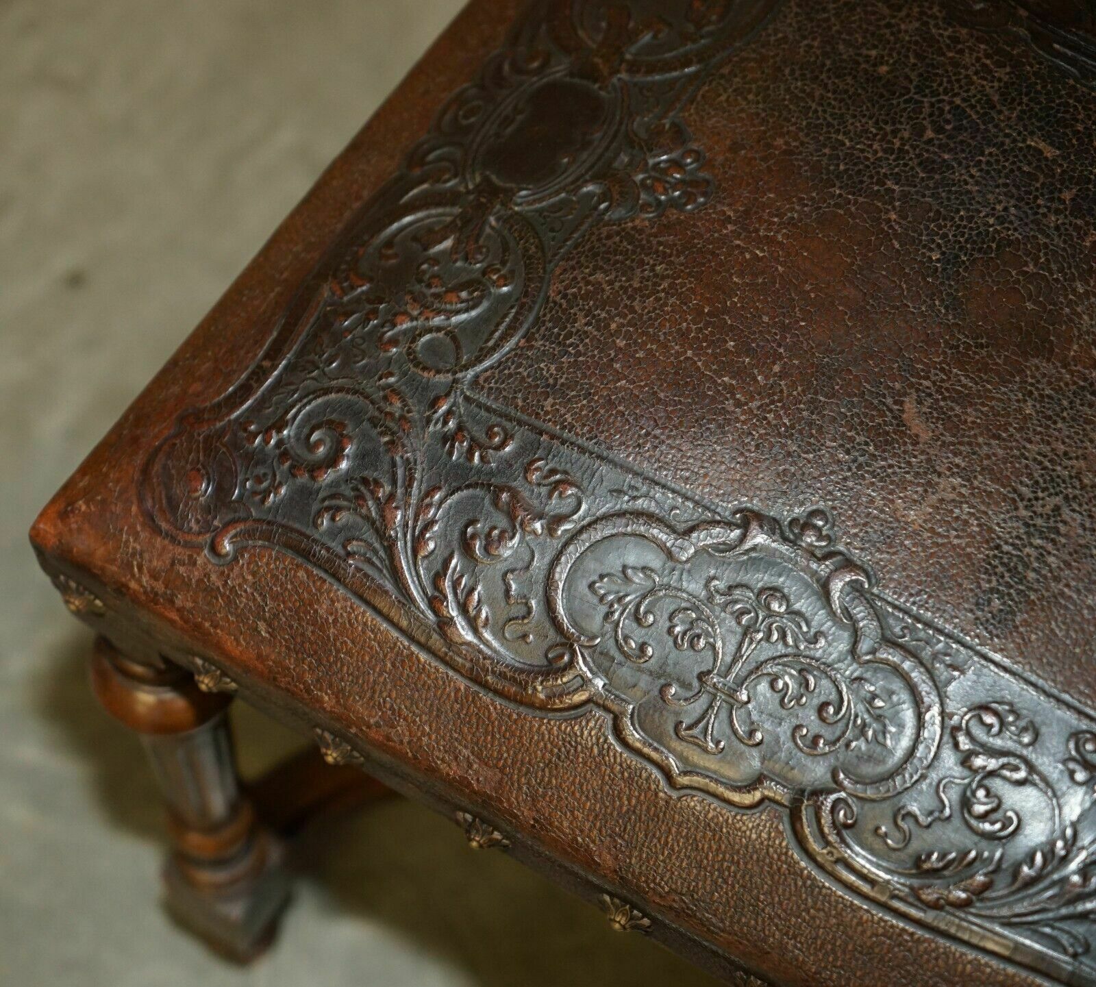 2850.0 Lovely Set Of 6 Henry II Circa 1880 French Oak & Embossed Leather Dining Chairs photo