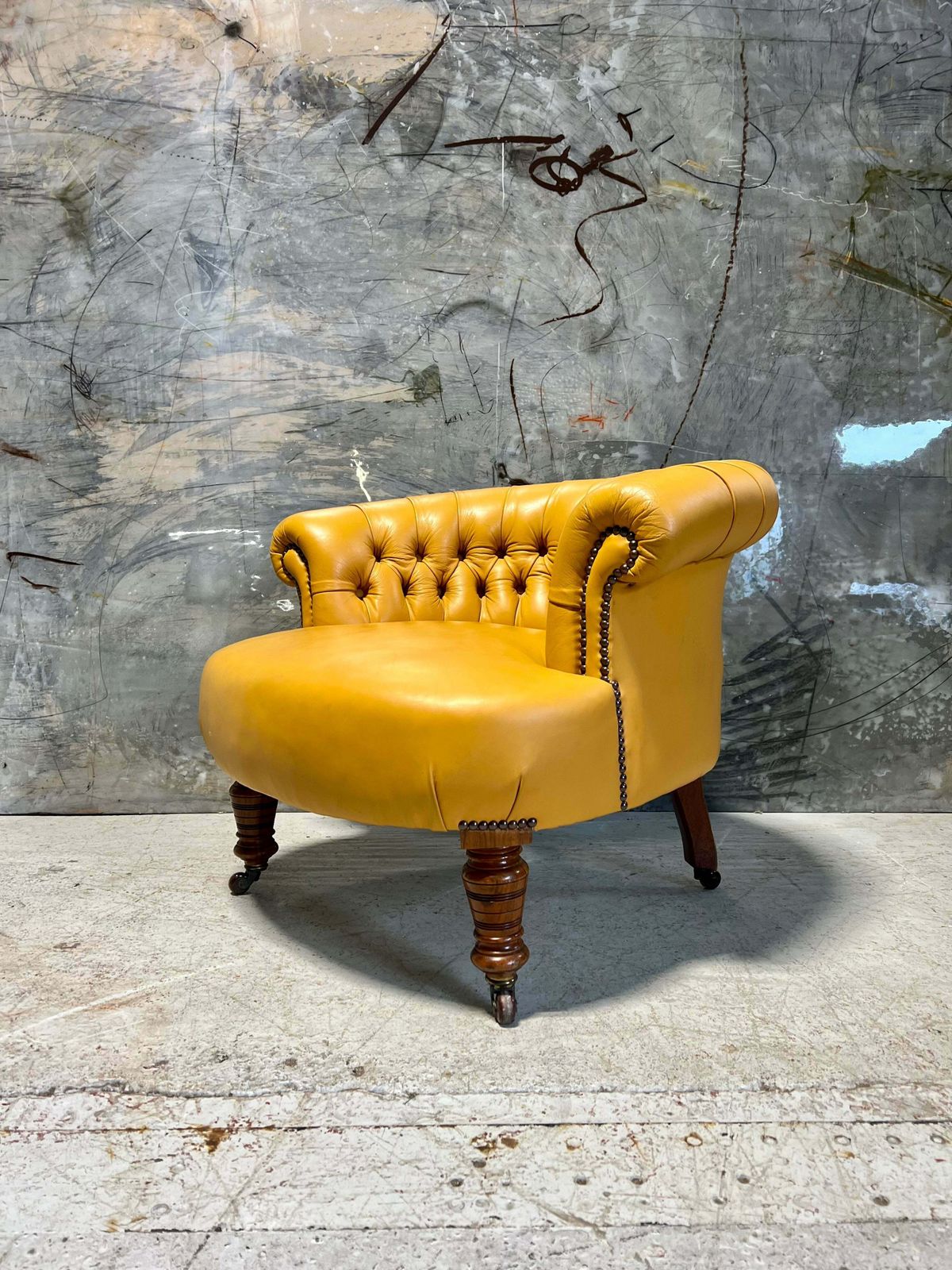 A Very Neat Antique 19thc Tub Side Chair In Yellow Leathers photo 1399.0