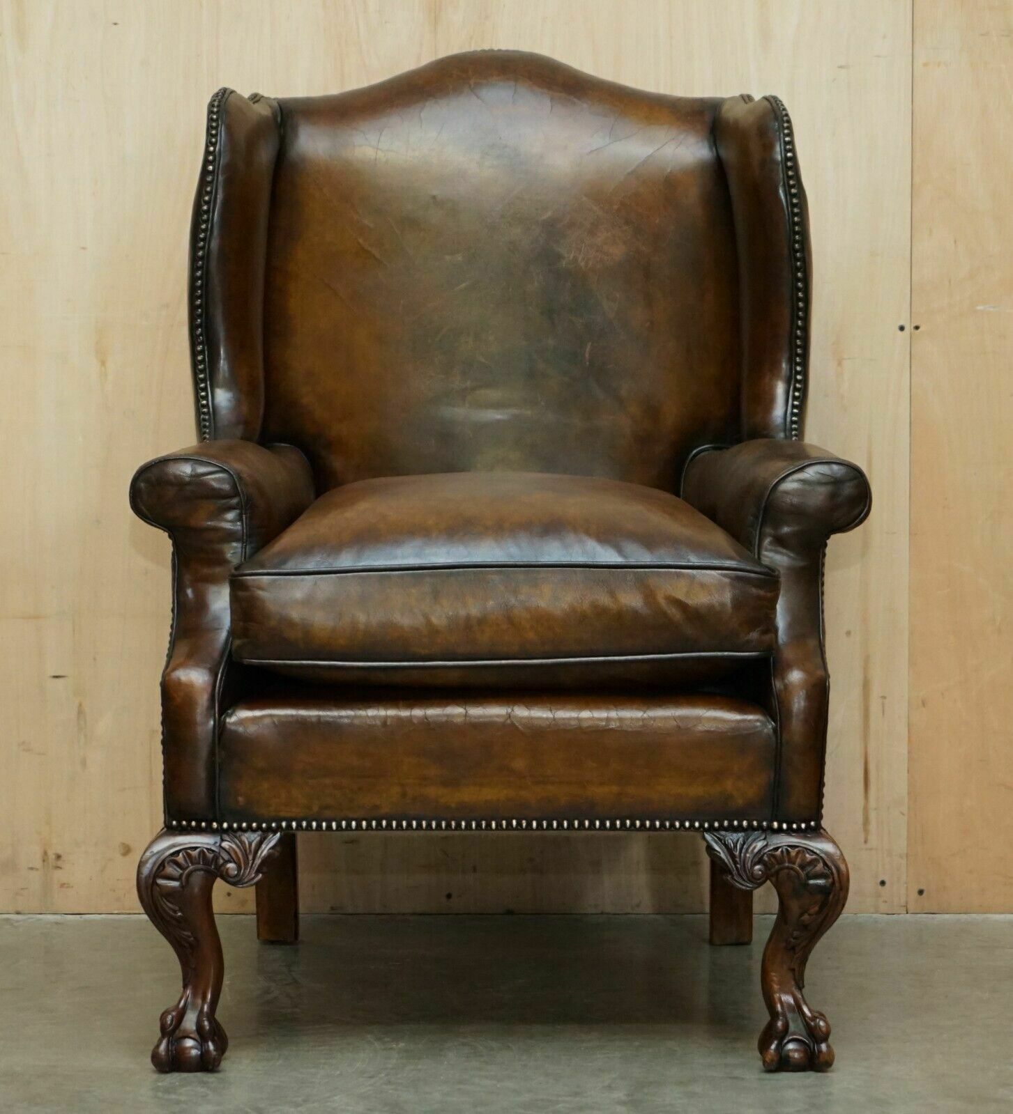 Important Restored George II Period Circa 1760 Wingback Brown Leather Armchair photo for sale
