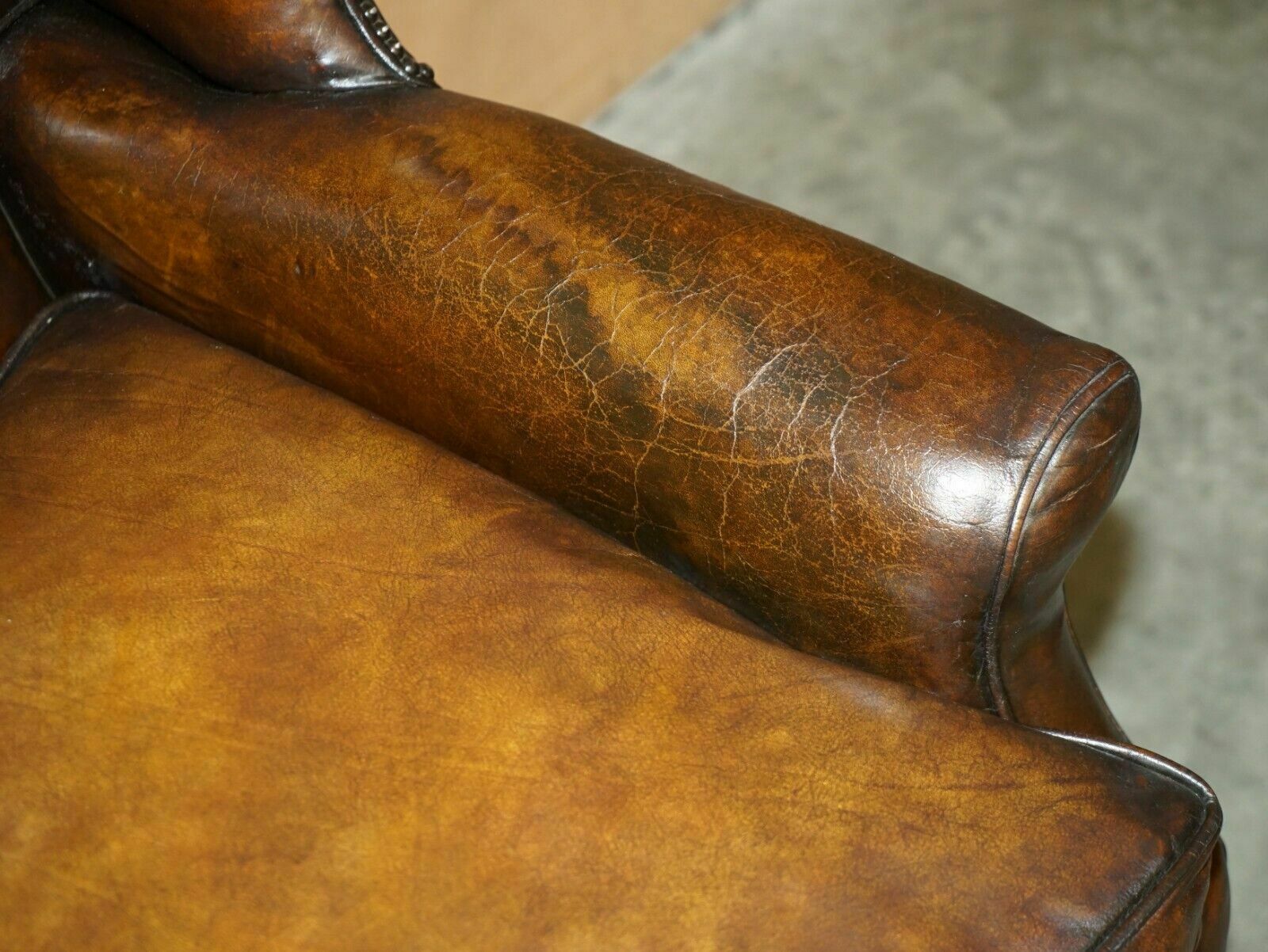 Important Restored George II Period Circa 1760 Wingback Brown Leather Armchair photo vintage