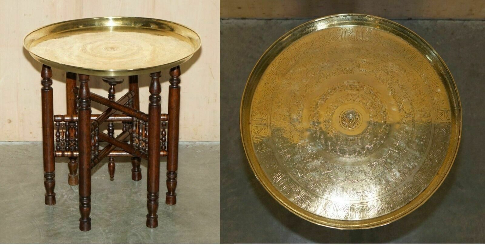 Antique Polished Carved Liberty's London Moroccan Folding Tray Table Etchings