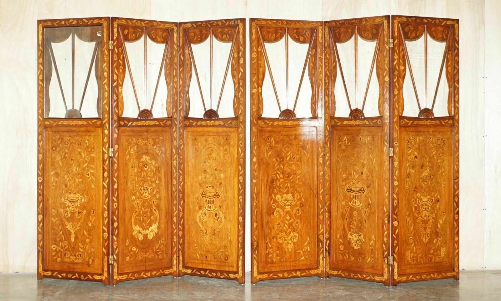 Pair Of Finest Quality Dutch Mahogany & Walnut Three Fold Screens Room Dividers
