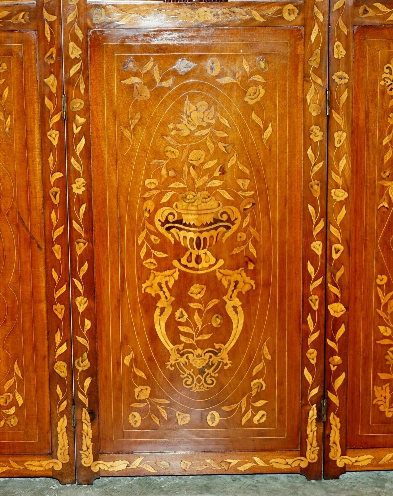 photo for sale Pair Of Finest Quality Dutch Mahogany & Walnut Three Fold Screens Room Dividers