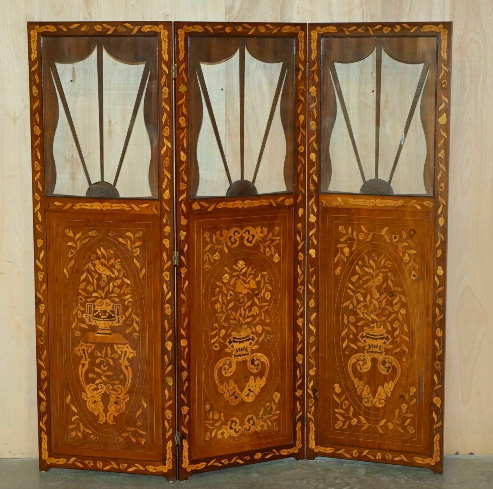 photo vintage Pair Of Finest Quality Dutch Mahogany & Walnut Three Fold Screens Room Dividers