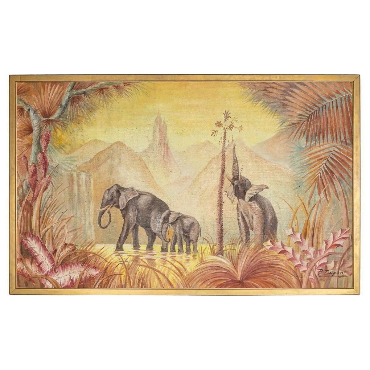 Vintage 20th Century Framed Oil On Canvas Elephant Family Painting C.1960