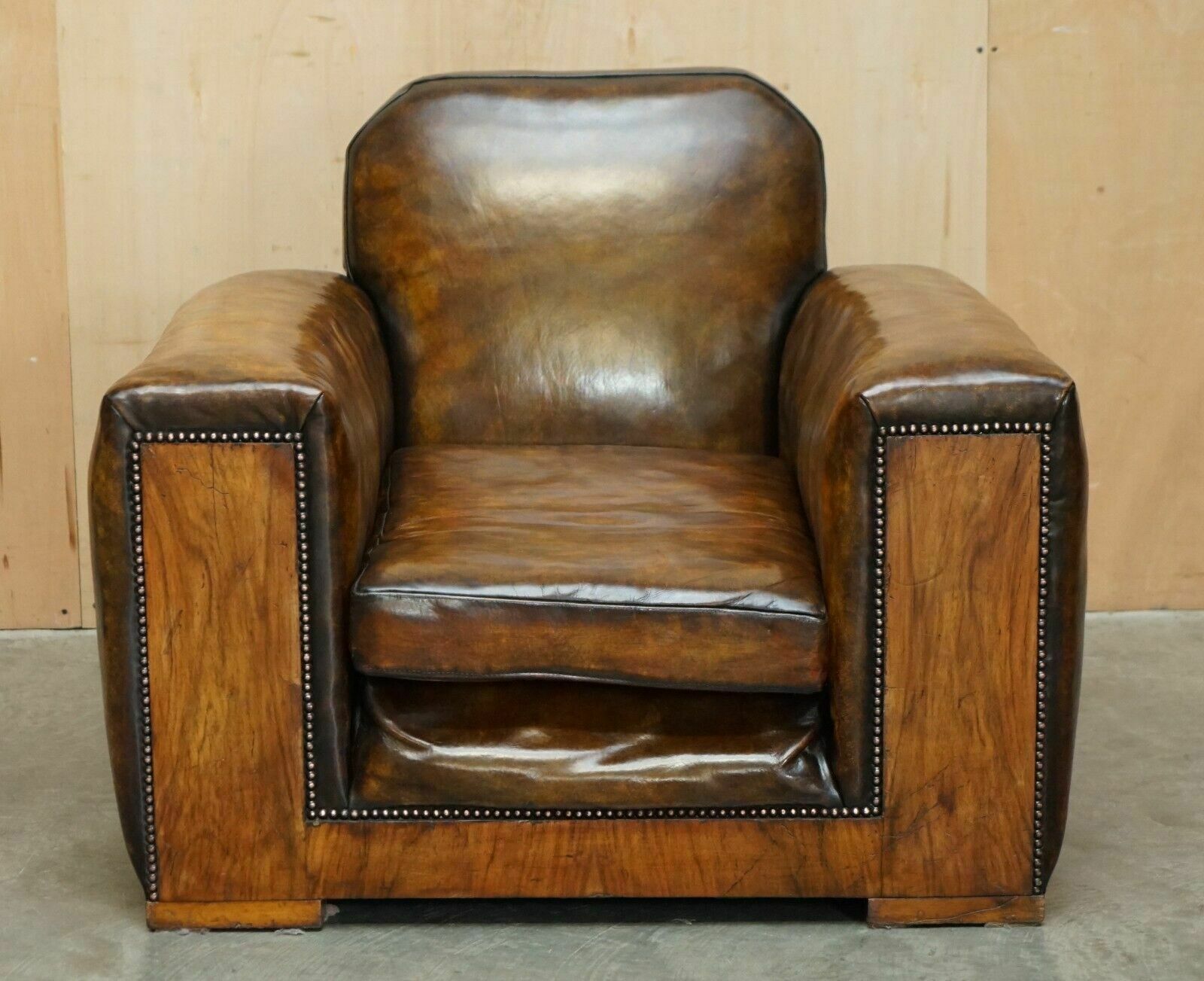 Fully Restored Antique Art Deco Brown Leather Walnut Framed Club Odeon Armchair photo furniture