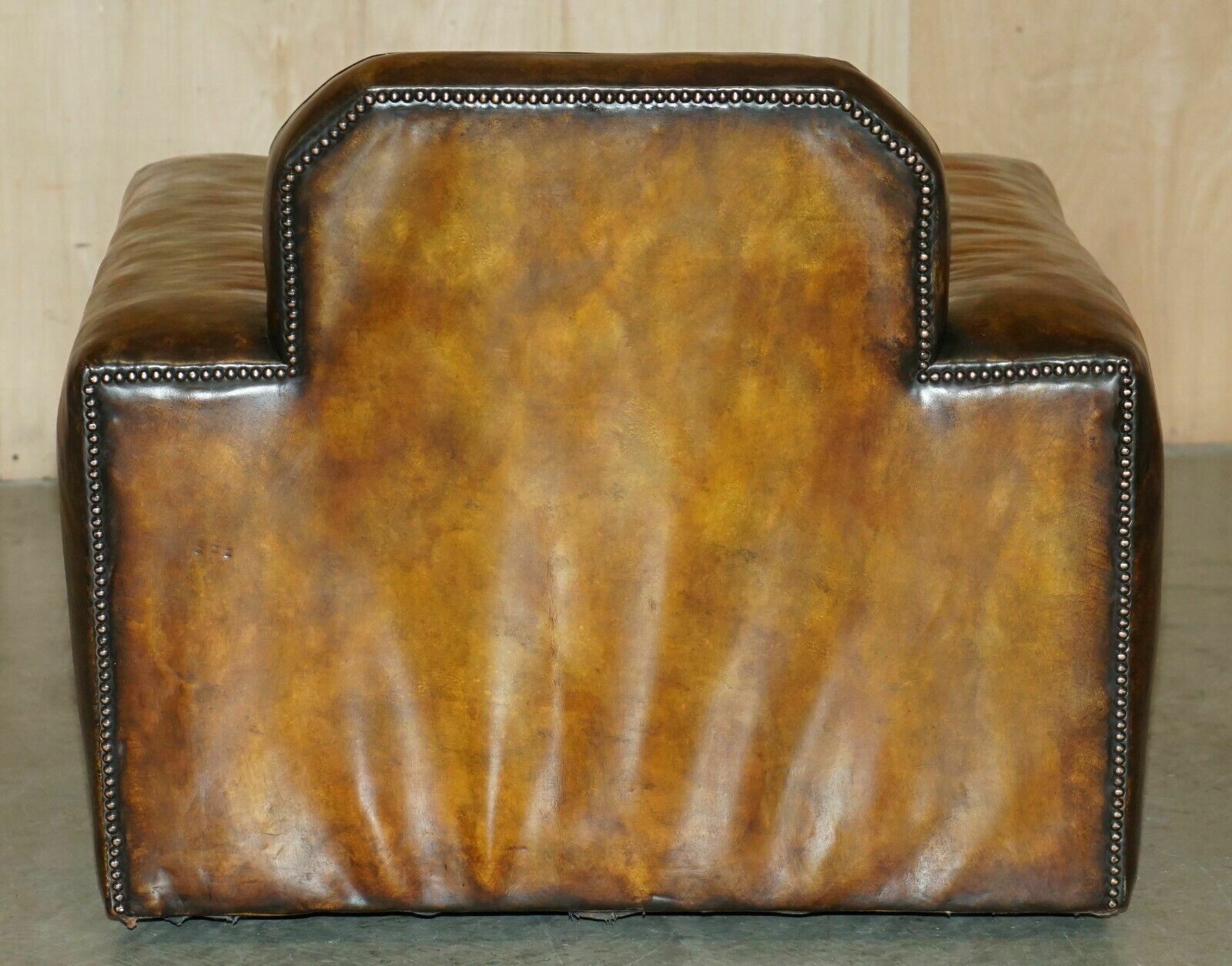 Furniture Fully Restored Antique Art Deco Brown Leather Walnut Framed Club Odeon Armchair photo