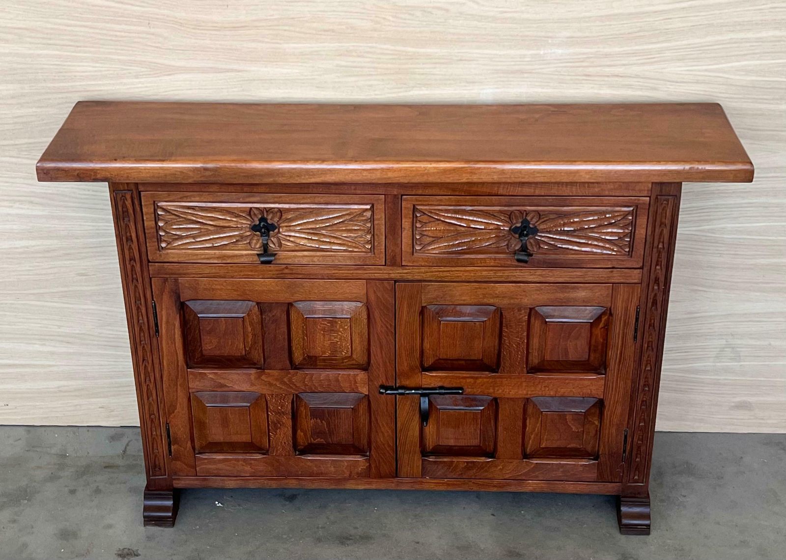 19th Spanish Narrow Baroque Carved Walnut Tuscan Two Drawer Credenza Or Buffet photo for sale