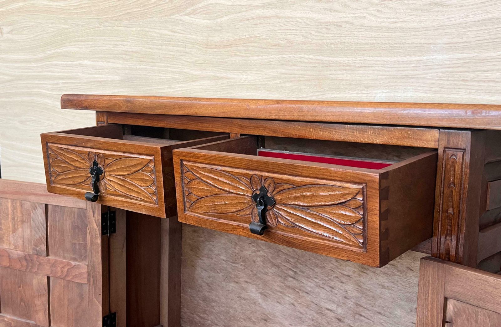 19th Spanish Narrow Baroque Carved Walnut Tuscan Two Drawer Credenza Or Buffet photo vintage