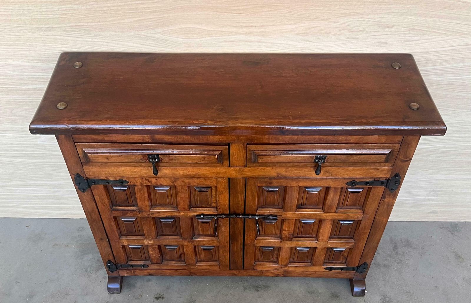 19th Spanish Baroque Carved Walnut Tuscan Two Drawer Credenza Or Buffet photo vinterior