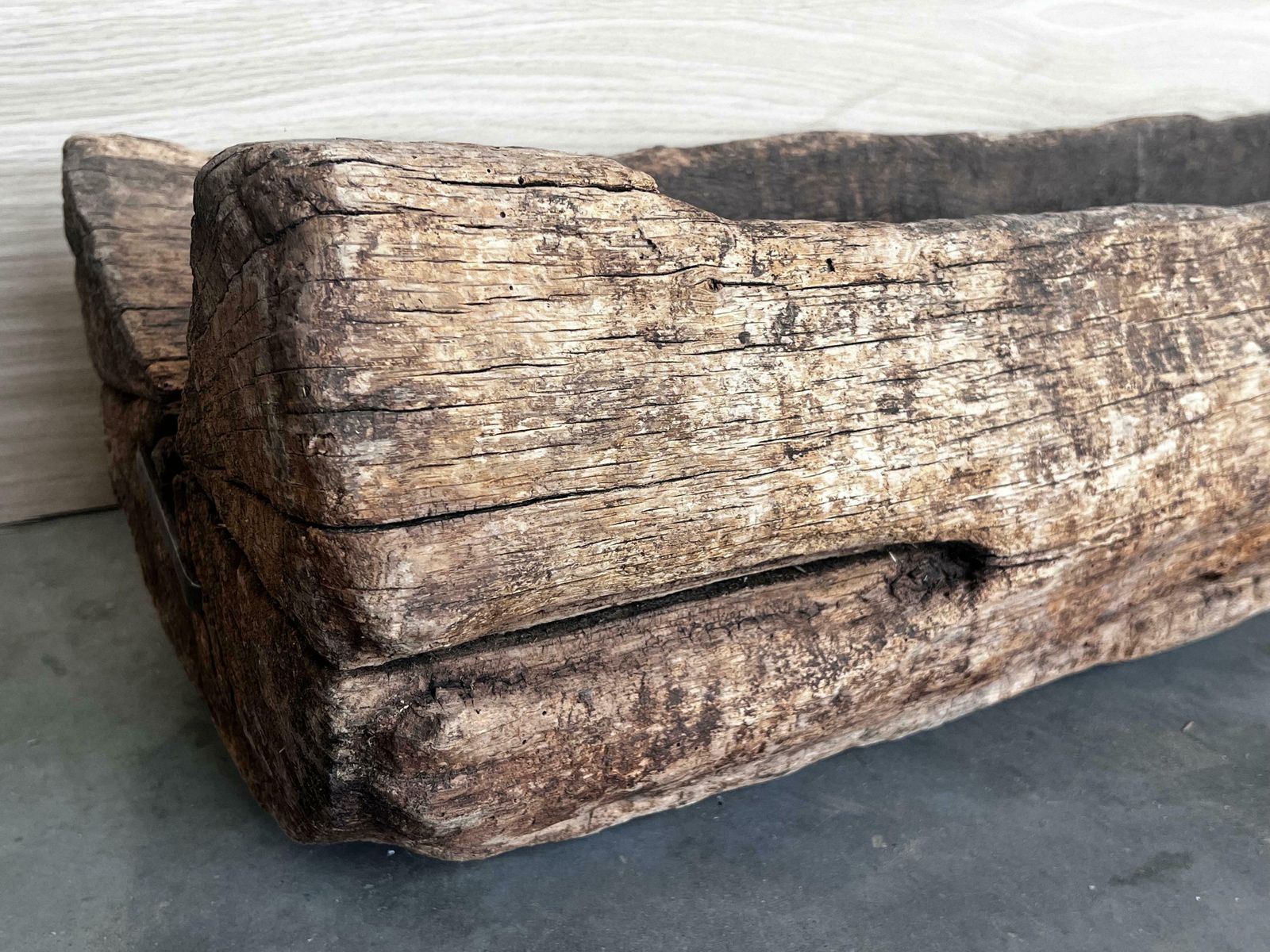 photo vintage Spanish Antique & Brutalist Hollowed Out Tree Trunk Wooden Planter, 1700