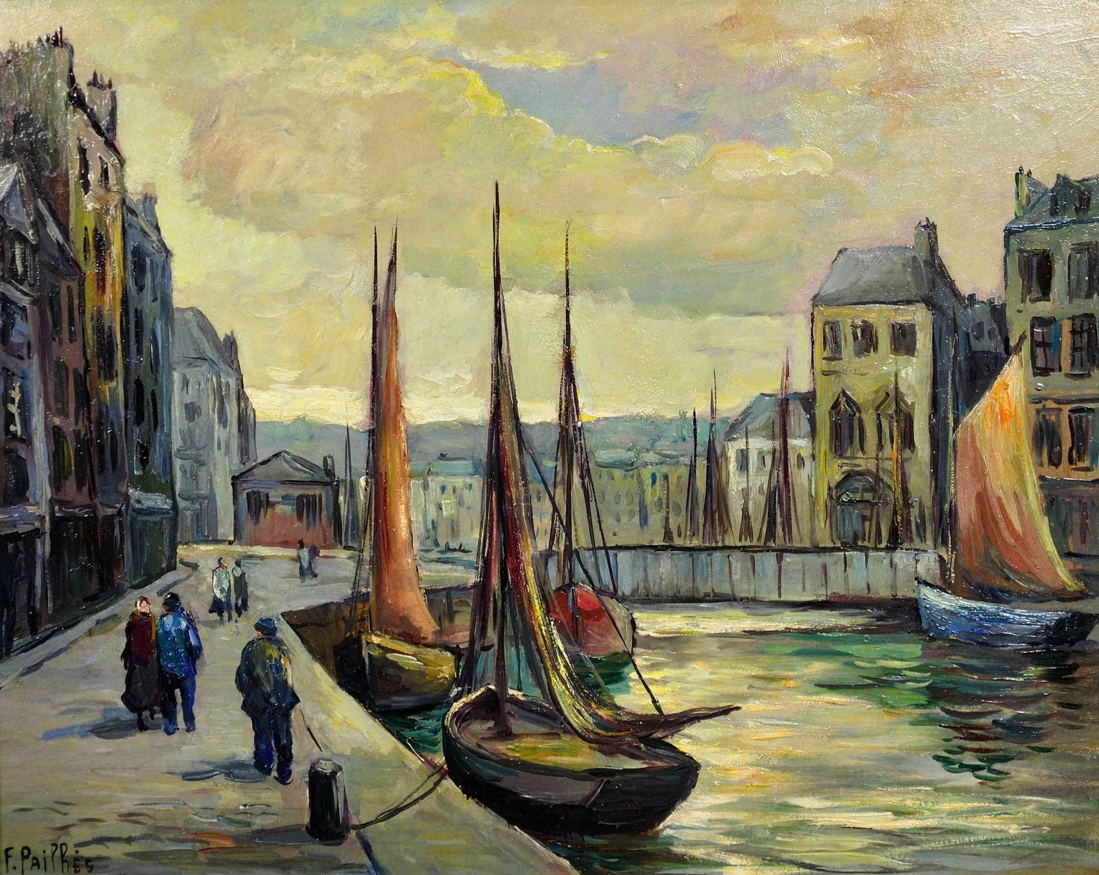 Fred Pailhes 1902 To 1991. Promenade Le Havre Harbour. France 1950s Normandy. French Mid 20th Century Montparnasse Framed Oil Painting. photo furniture