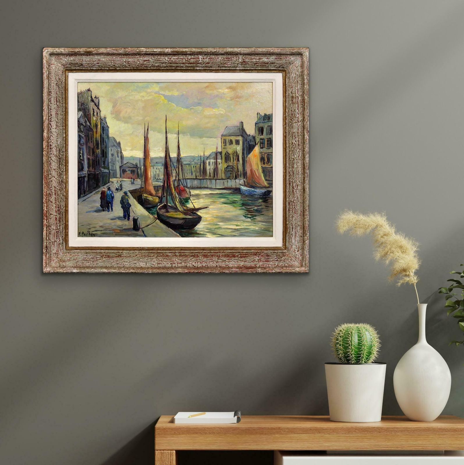 Fred Pailhes 1902 To 1991. Promenade Le Havre Harbour. France 1950s Normandy. French Mid 20th Century Montparnasse Framed Oil Painting. photo vintage