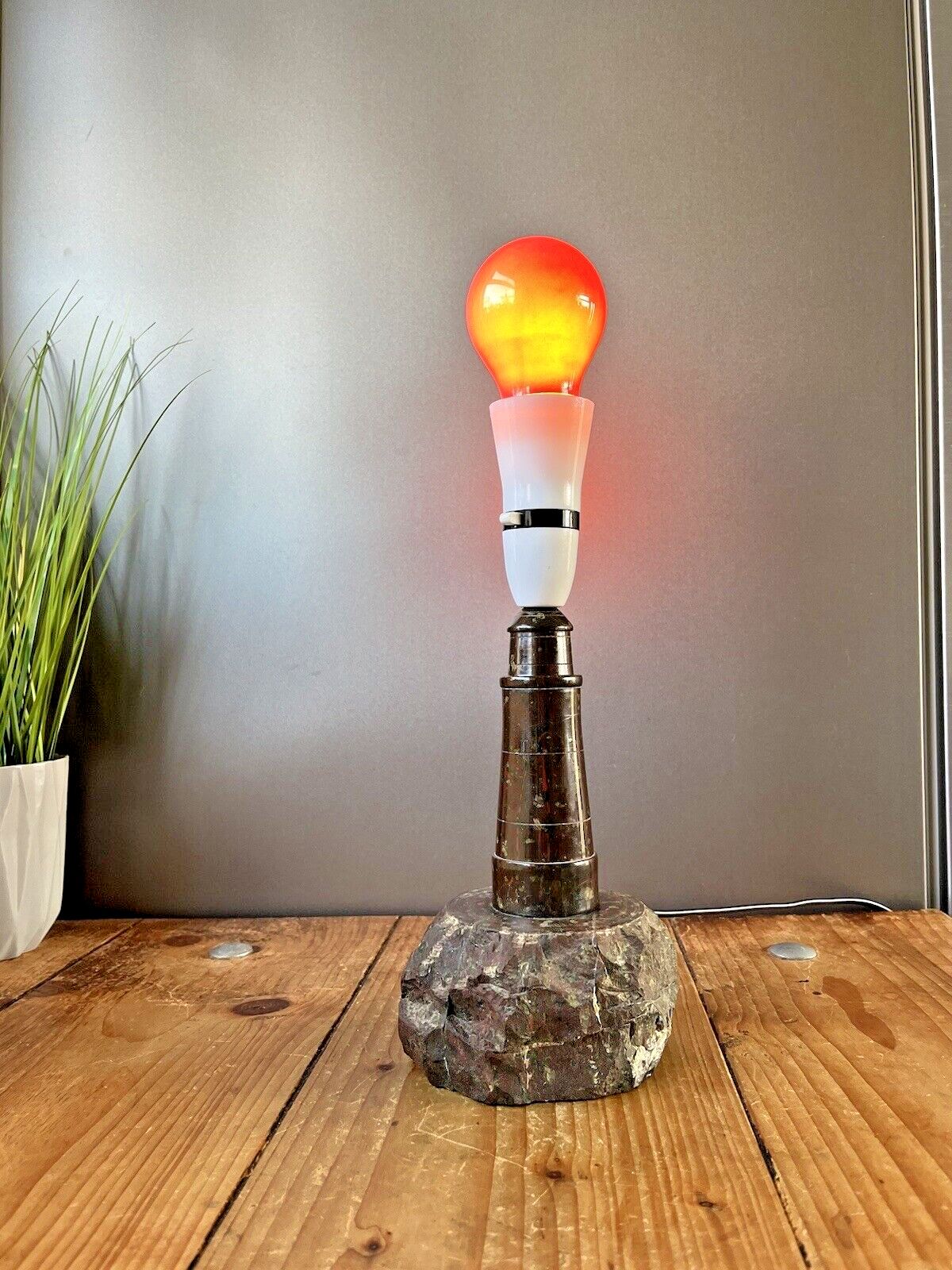Vintage Cornish Serpentine Marble Lighthouse Desk Table Light Lamp Base Retro