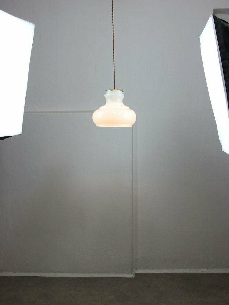 Mid Century Italian Brass And Opaline Pendant Lamp photo vinterior