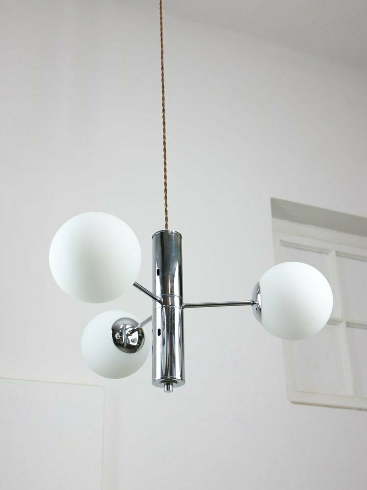 Vintage Italian Chrome And Opaline Sputnik Chandelier, 1970s