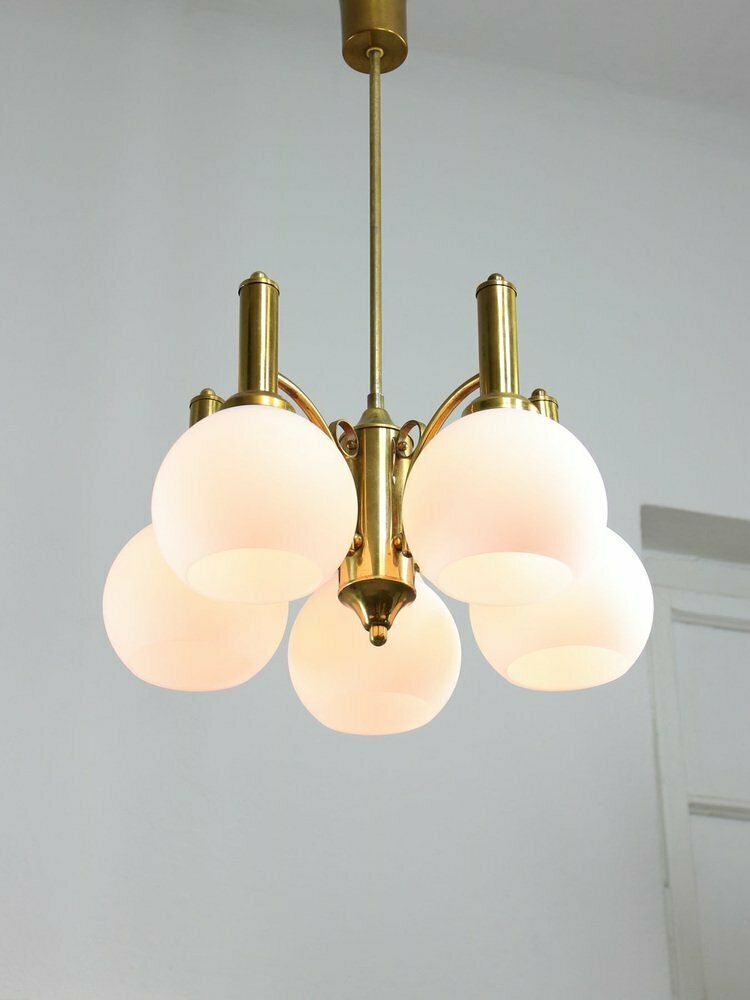 Mid Century Italian Brass And Opaline Chandelier photo for sale