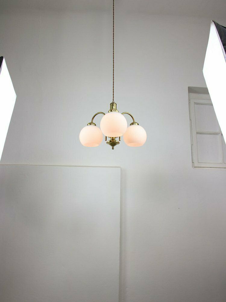 photo furniture Mid Century Italian Brass And Opaline Chandelier