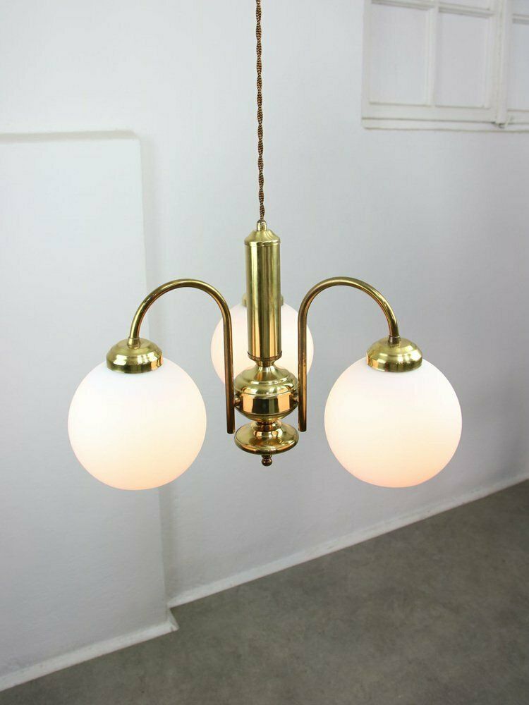 photo for sale Mid Century Italian Brass And Opaline Chandelier