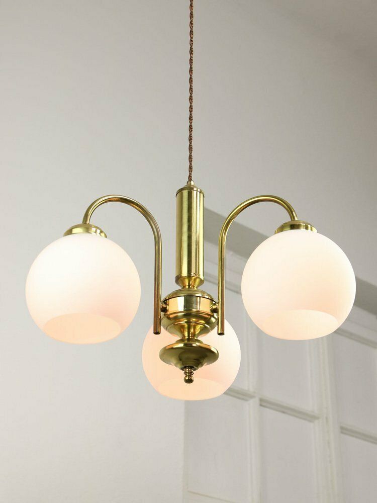 Lighting Mid Century Italian Brass And Opaline Chandelier photo
