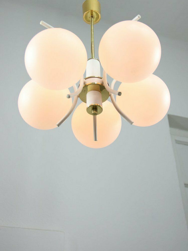 Mid Century Italian Modern Brass And Opaline Chandelier photo furniture