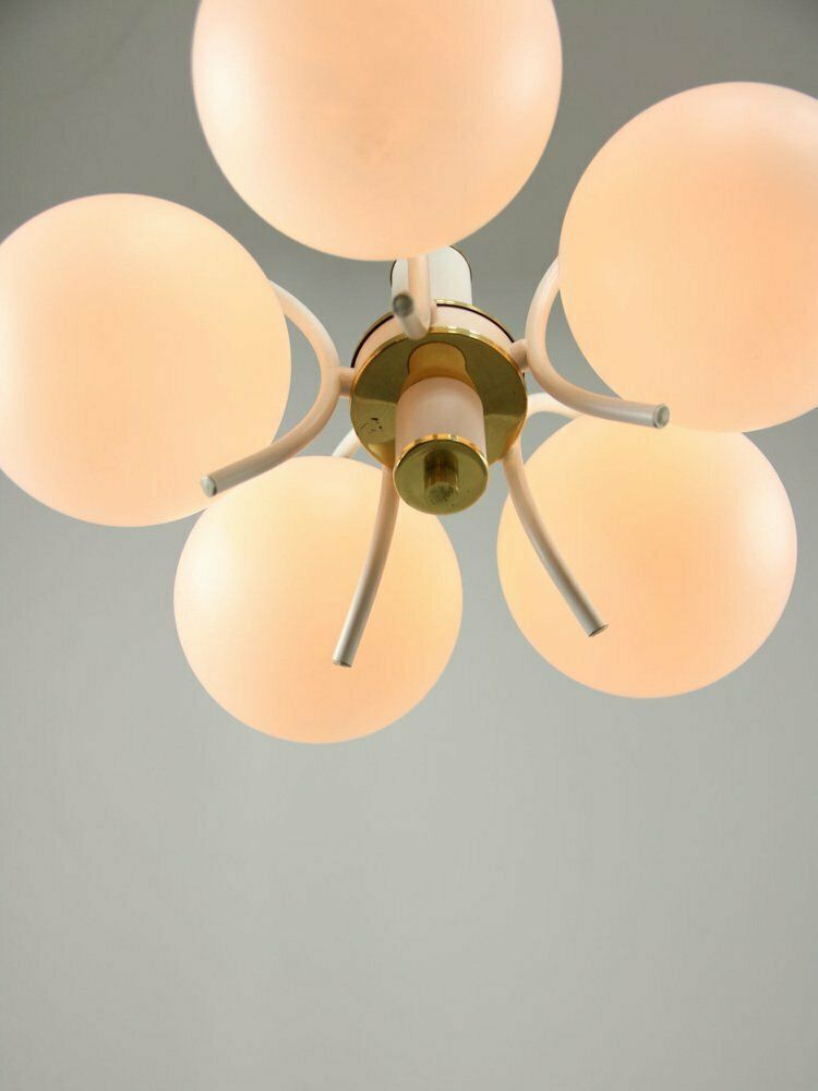 Mid Century Italian Modern Brass And Opaline Chandelier photo for sale