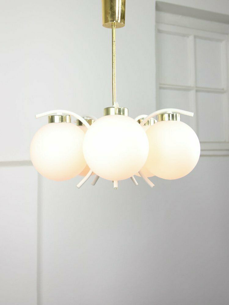 Mid Century Italian Modern Brass And Opaline Chandelier photo buy
