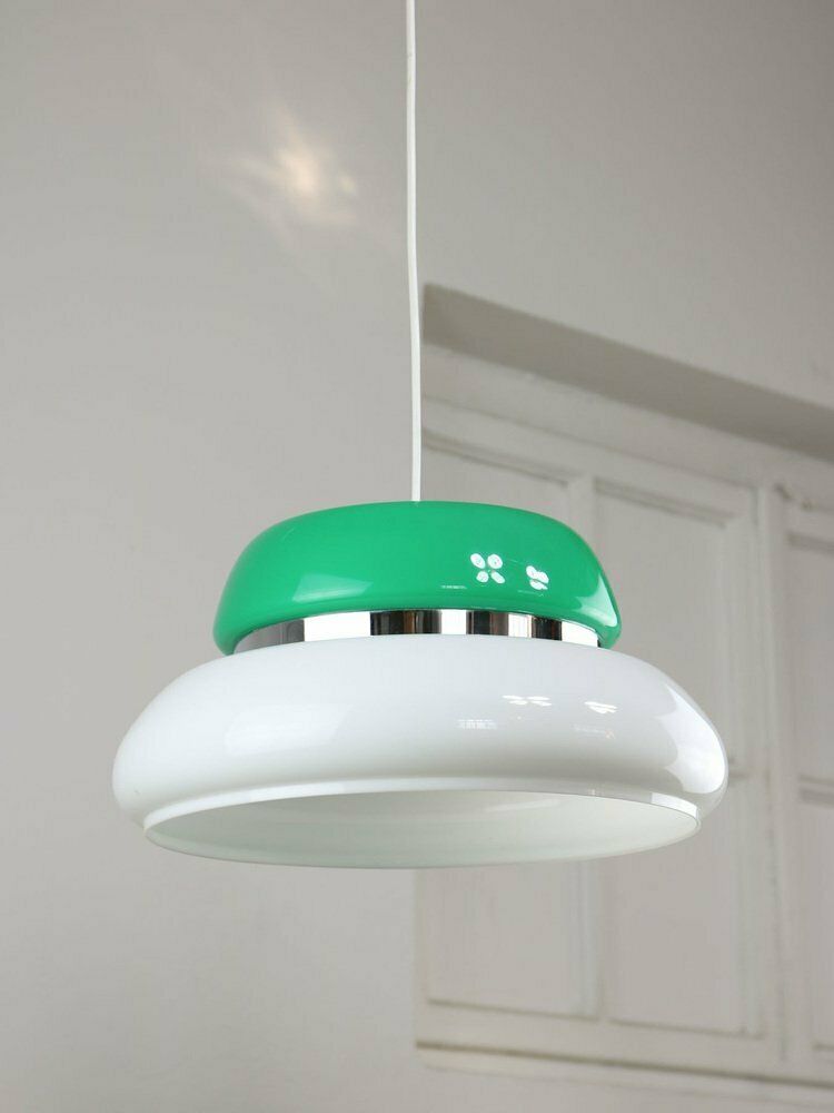 Italian Space Age Ceiling Lamp In Green In White & Green Acrylic Glass And Chrome, 1970s photo vinterior