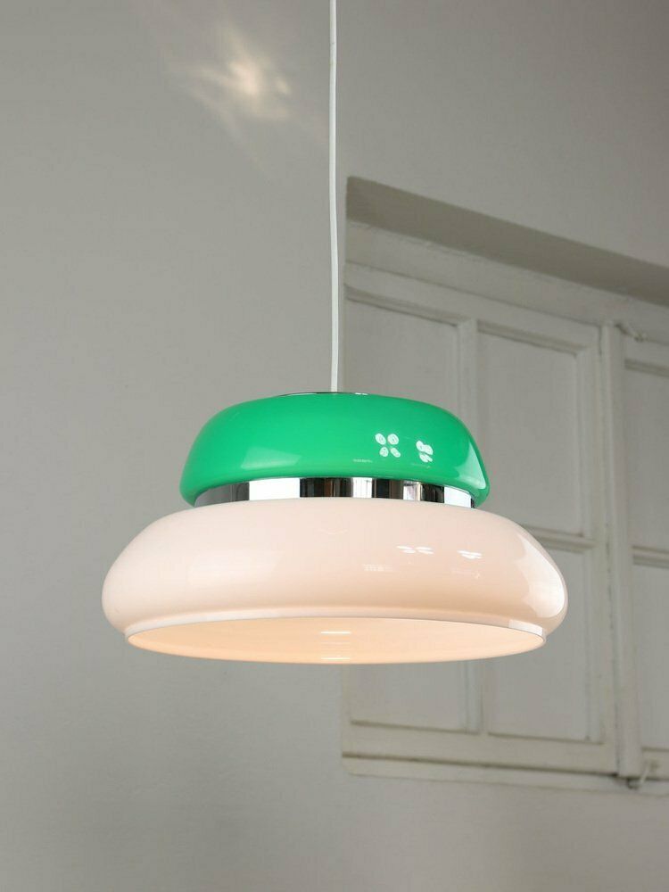 Italian Space Age Ceiling Lamp In Green In White & Green Acrylic Glass And Chrome, 1970s photo buy