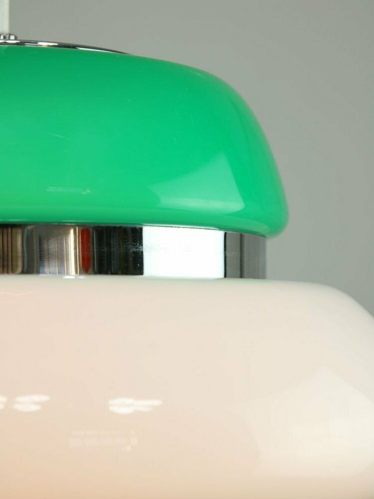 Italian Space Age Ceiling Lamp In Green In White & Green Acrylic Glass And Chrome, 1970s photo vintage