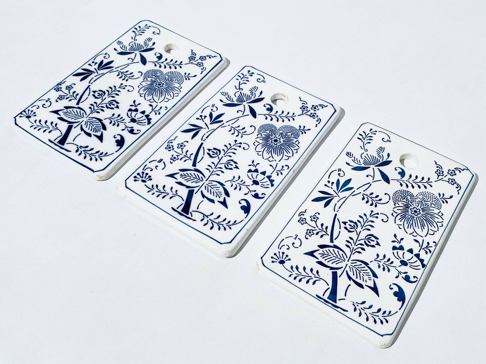 Three Merazzi White & Blue Ceramic Pot Set Tiles With Onion Motif / Vintage Decor photo for sale