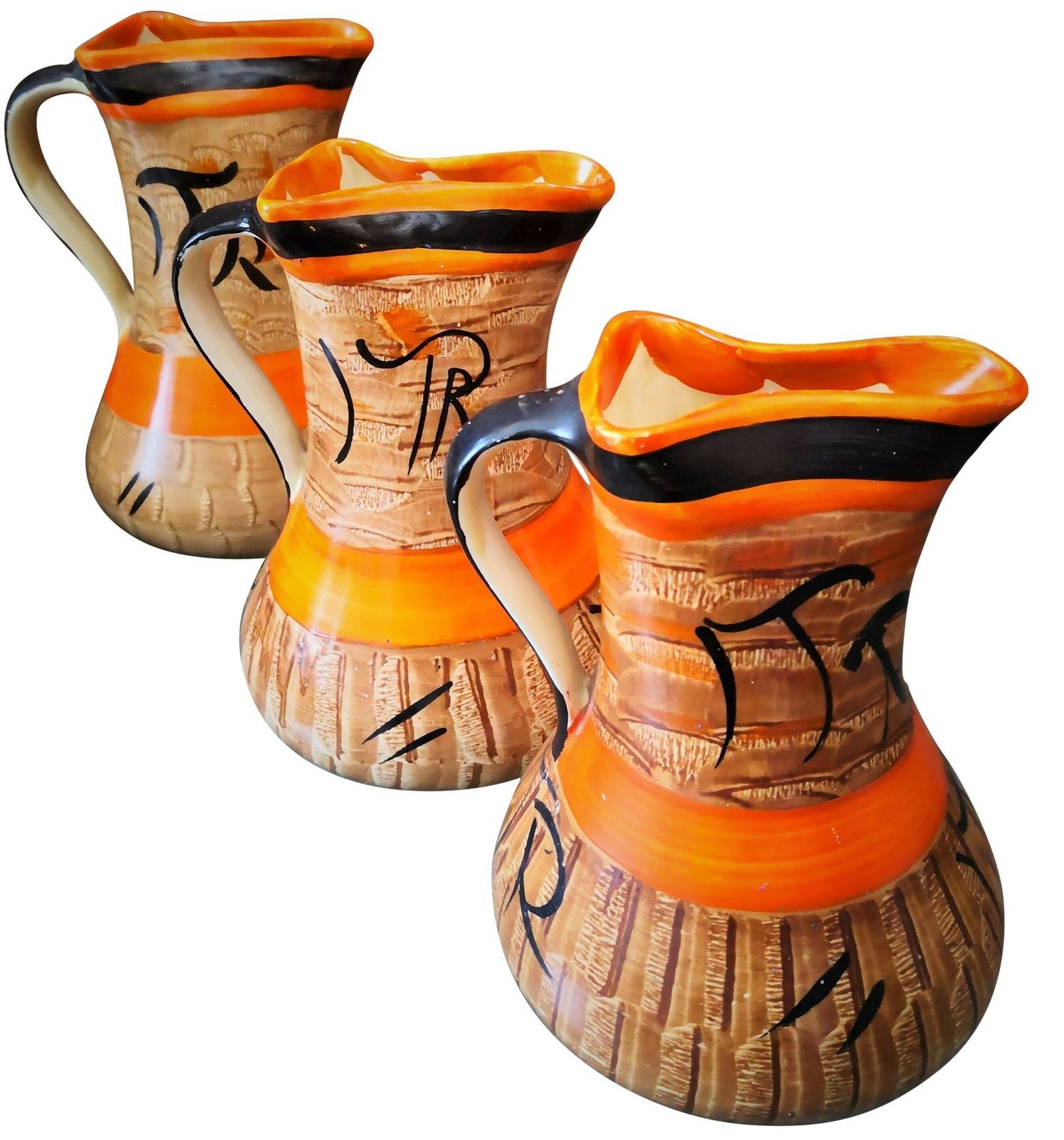Trio Of Art Deco Graduating Myott Hand Painted Orange, Brown And Black Jugs