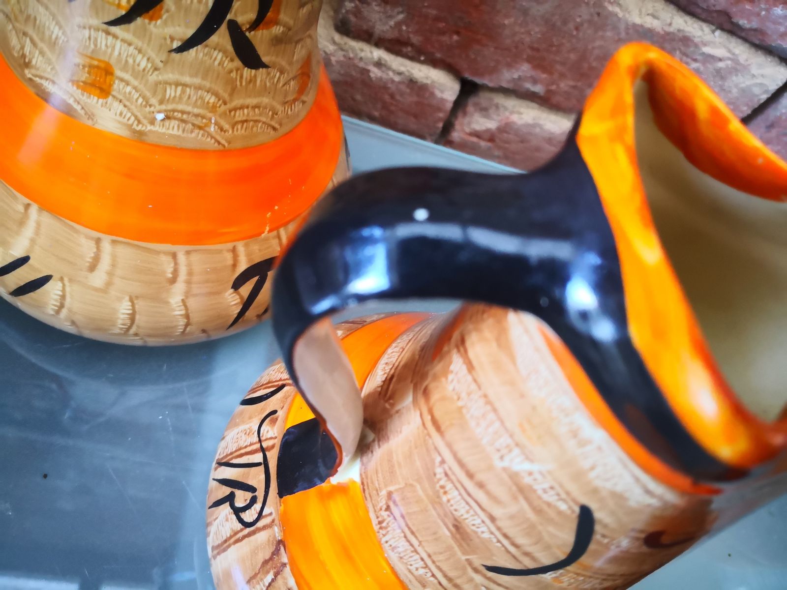 Trio Of Art Deco Graduating Myott Hand Painted Orange, Brown And Black Jugs photo Home Decor