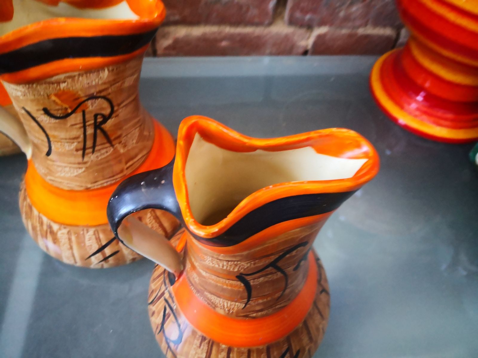 Trio Of Art Deco Graduating Myott Hand Painted Orange, Brown And Black Jugs photo vinterior