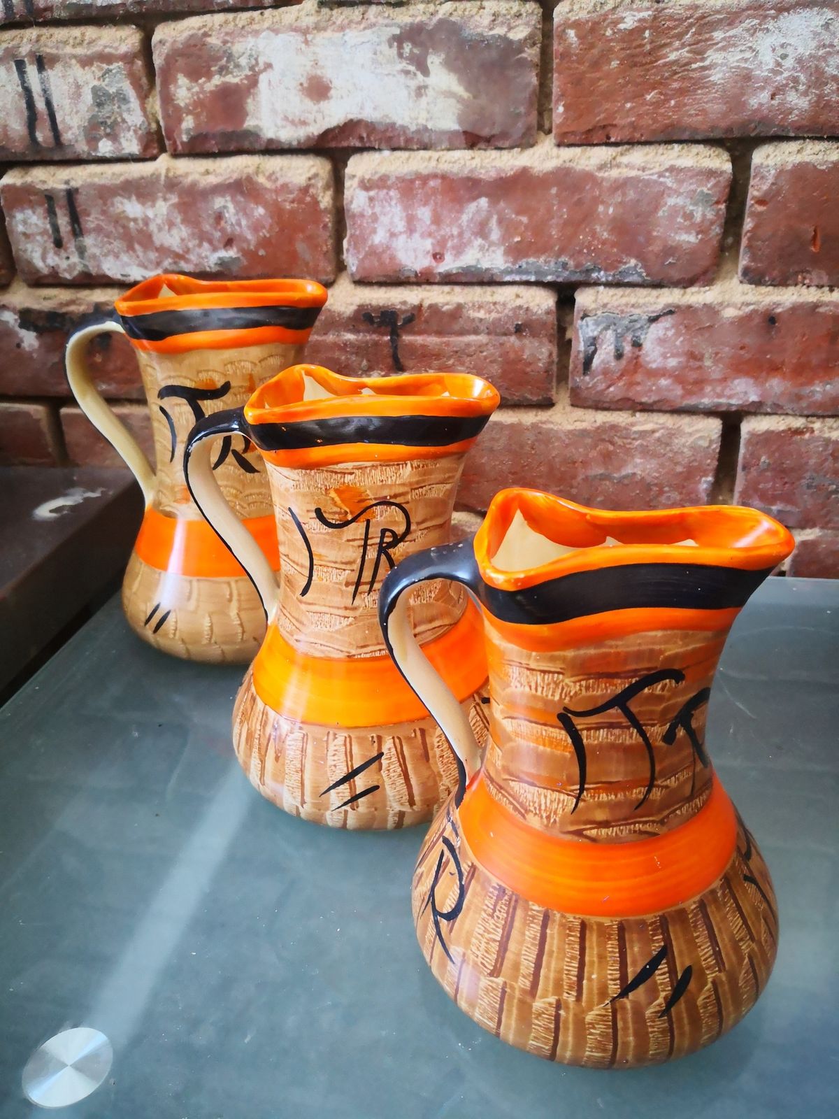 Trio Of Art Deco Graduating Myott Hand Painted Orange, Brown And Black Jugs photo buy